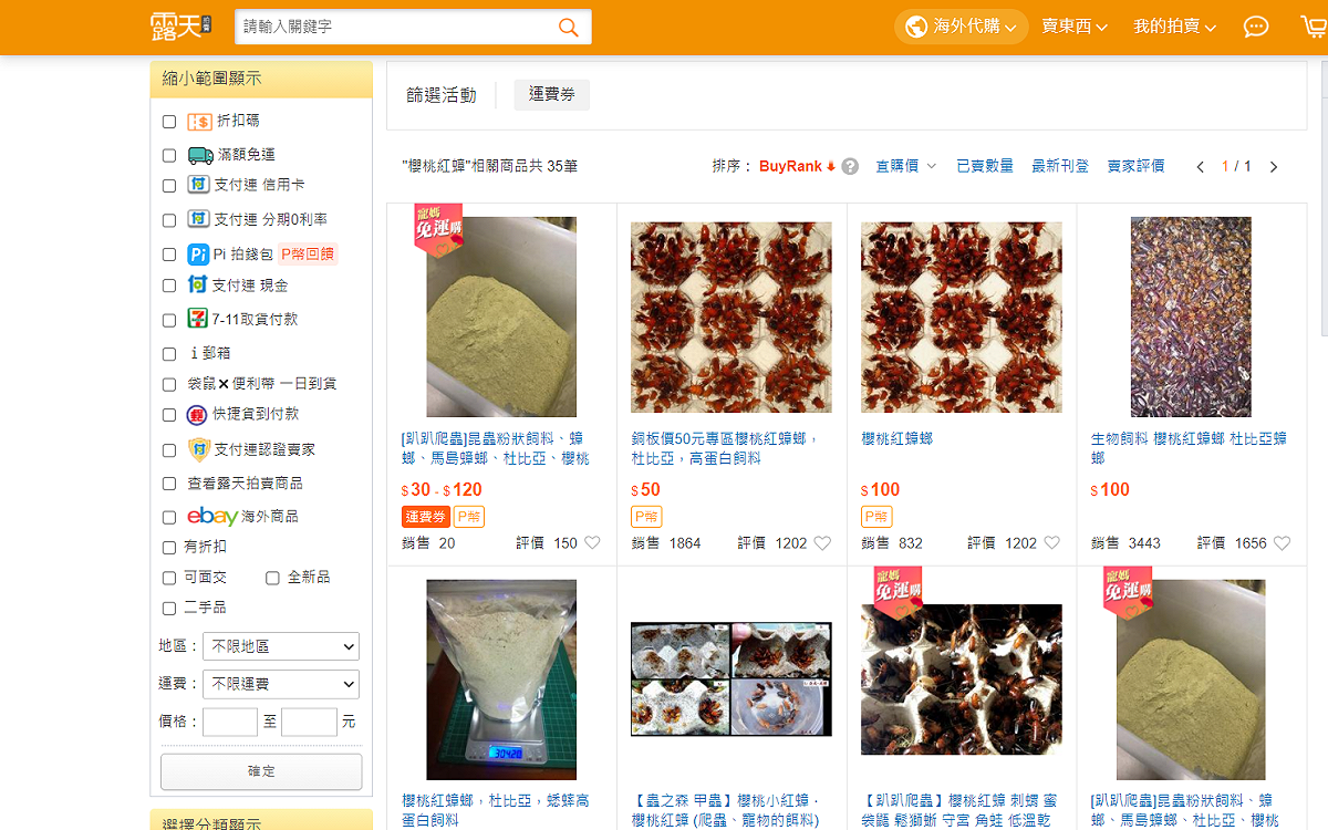 櫻桃紅蟑螂飼養成本低，有取代蟋蟀成為主要昆蟲飼料的趨勢，購買也很方便，上各大網路平台搜尋關鍵字就找得到很多。 圖：截自露天拍賣