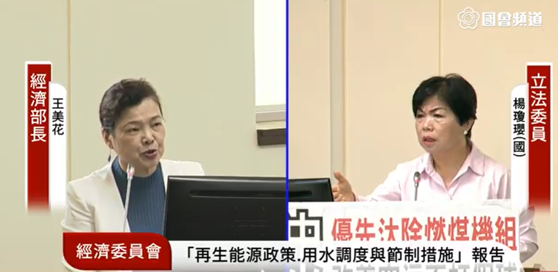 國民黨立委楊瓊瓔在經濟委員會質詢經濟部長王美花。 圖/取自國會頻道