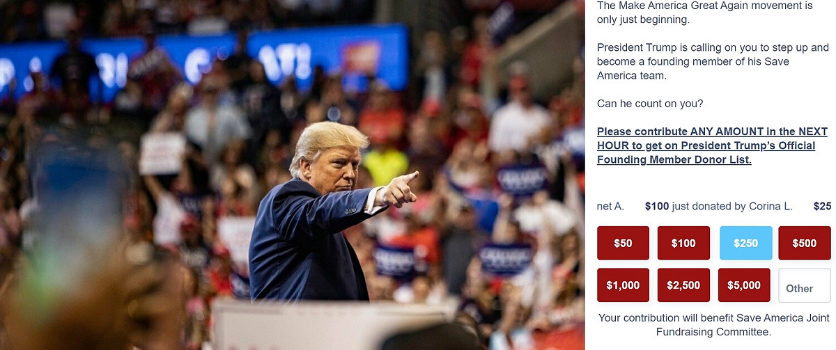 川普的社群平台「來自川普的書桌」（From the Desk of Donald J. Trump）有包含「捐款」選項。 圖：翻攝自From the Desk of Donald J. Trump