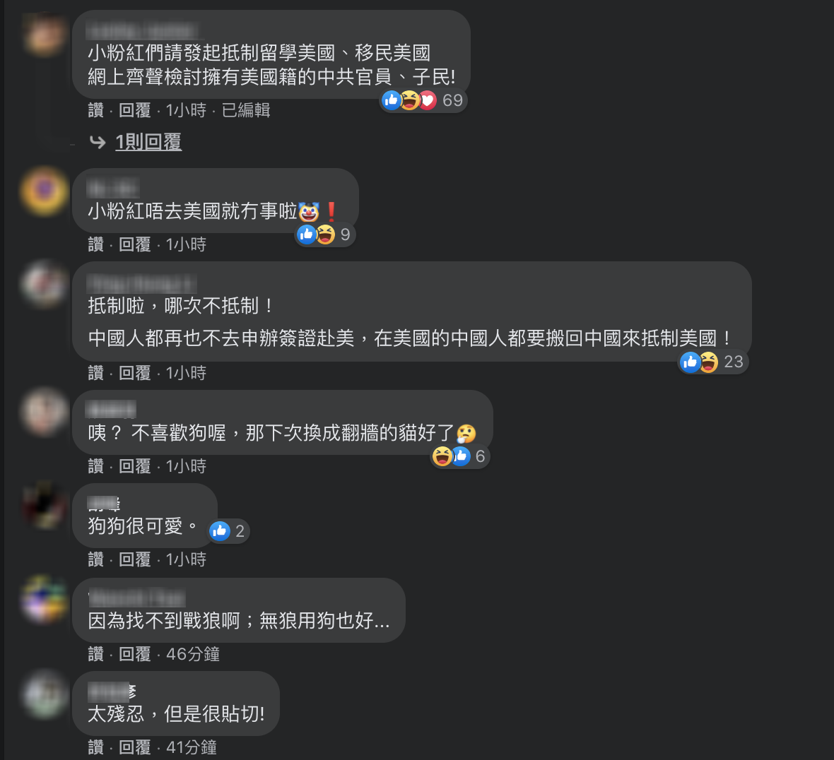 在德國之聲的臉書也對起詢問網友對此事件看法，有網友認為：「小粉紅們請發起抵制留學美國、移民美國」，也有網友指出，在美國狗是忠實的朋友或家人，而不是補品、野味、食物或烤肉。 圖：翻攝自德國之聲臉書