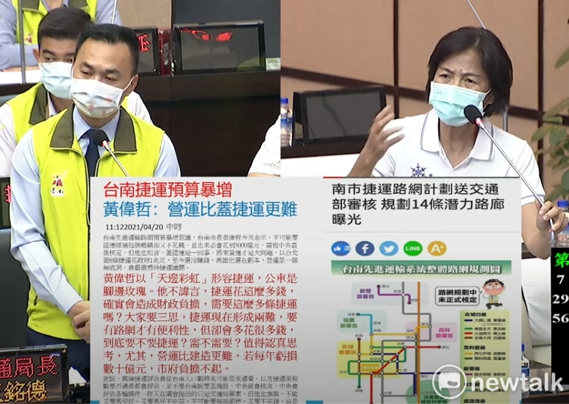 國民黨團書記長王家貞拿著看板說，黃偉哲市長自己都曾說「營運比蓋捷運更難」，顯示對台南高架單軌沒信心，因為地方爭取網線不斷擴增，預算從七百多億到五千億，如此攸關台南未來的重大交通建設，猶如錢坑，還需要建設嗎？ 圖：黃博郎／攝