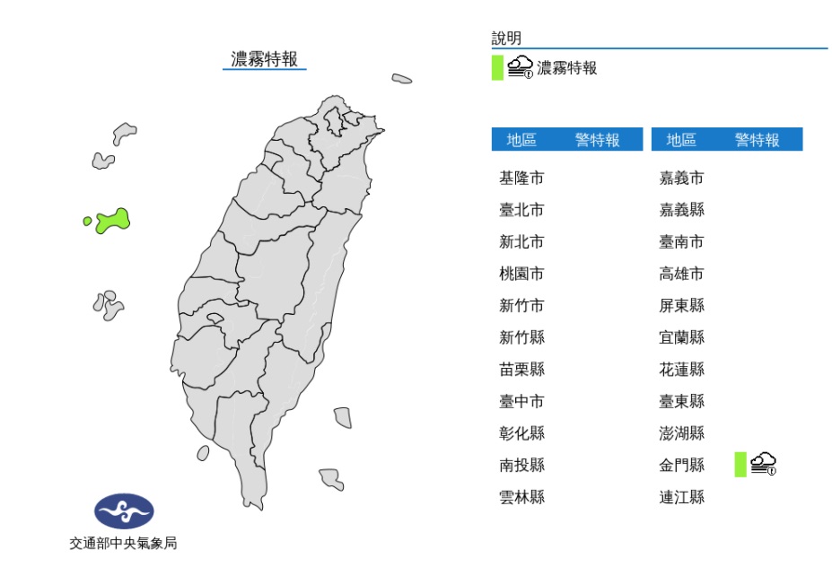 金門清晨已有濃霧發生，交通往返請留意航班資訊。 圖/氣象局