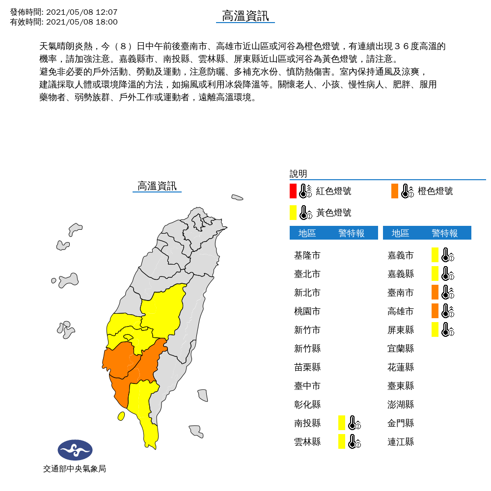 中央氣象局發布中南部7縣市高溫特報。 圖：翻攝自中央氣象局