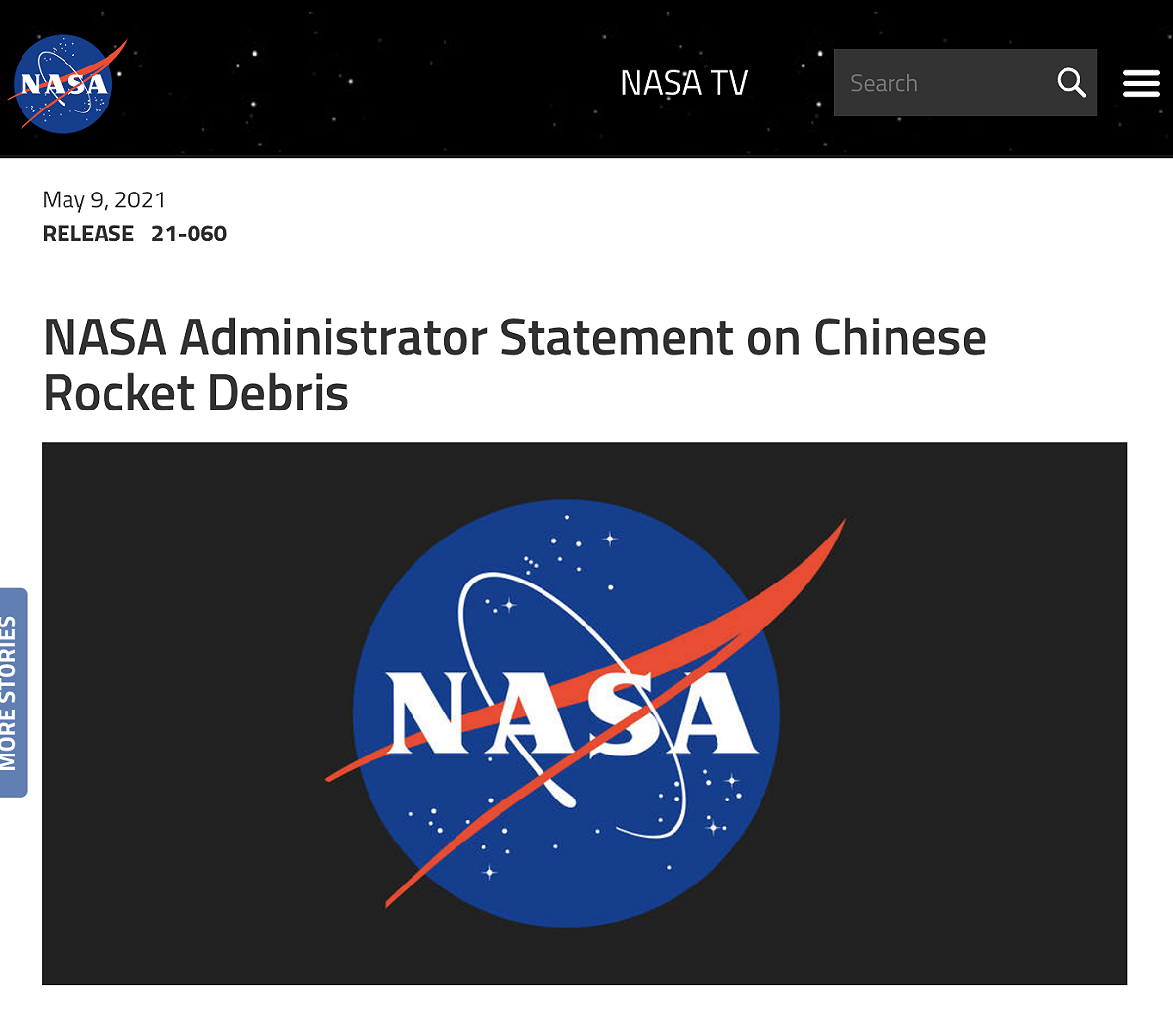 NASA署長尼爾森（Bill Nelson）當地時間9日針對中國火箭殘骸發表聲明。 圖：翻攝自NASA官網