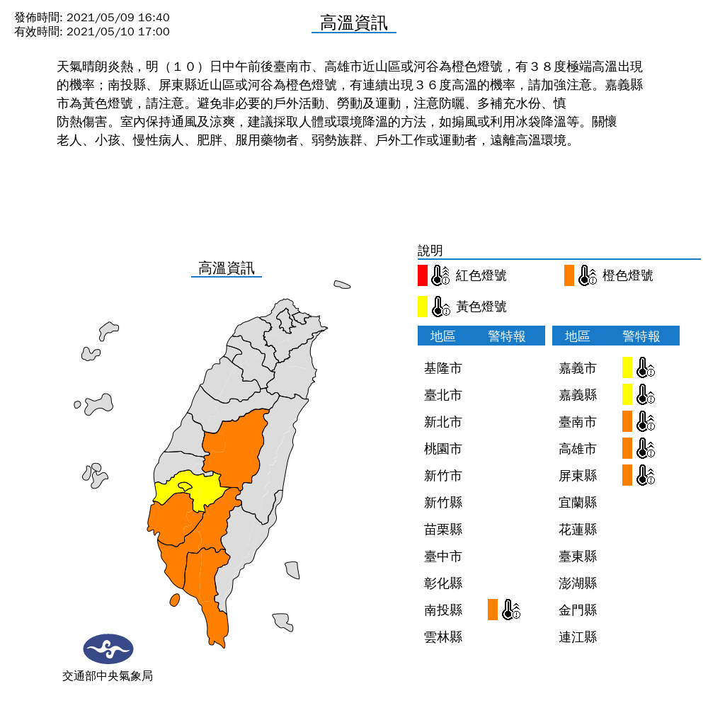 氣象局接連發布高溫資訊，中南部地區亮橘黃色燈號。 圖：中央氣象局／提供
