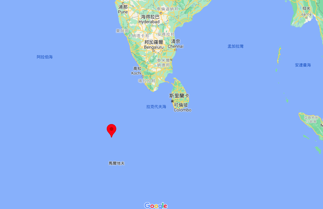 中國載人航天工程辦公室公布，長征五號B遙二運載火箭殘骸9日上午10時24分落於印度洋海域（紅標處）。 圖：新頭殼google製圖