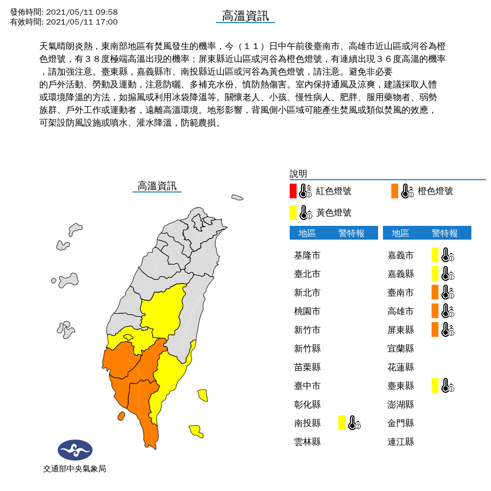 今日天氣炎熱，氣象局對7縣市發布高溫特報。 圖：中央氣象局／提供