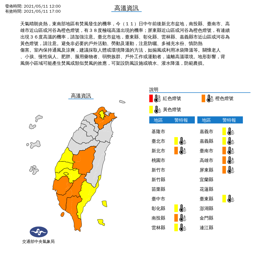今日氣象局對全台11縣市發布高溫特報。 圖：中央氣象局／提供