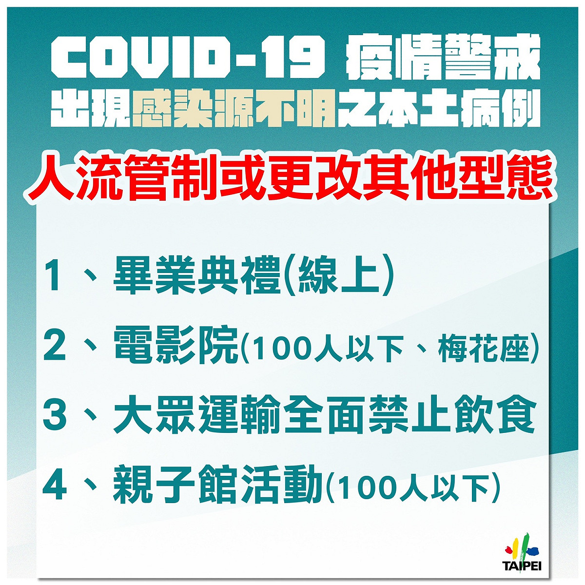 北市公布防疫升級措施。 圖：台北市政府 / 提供