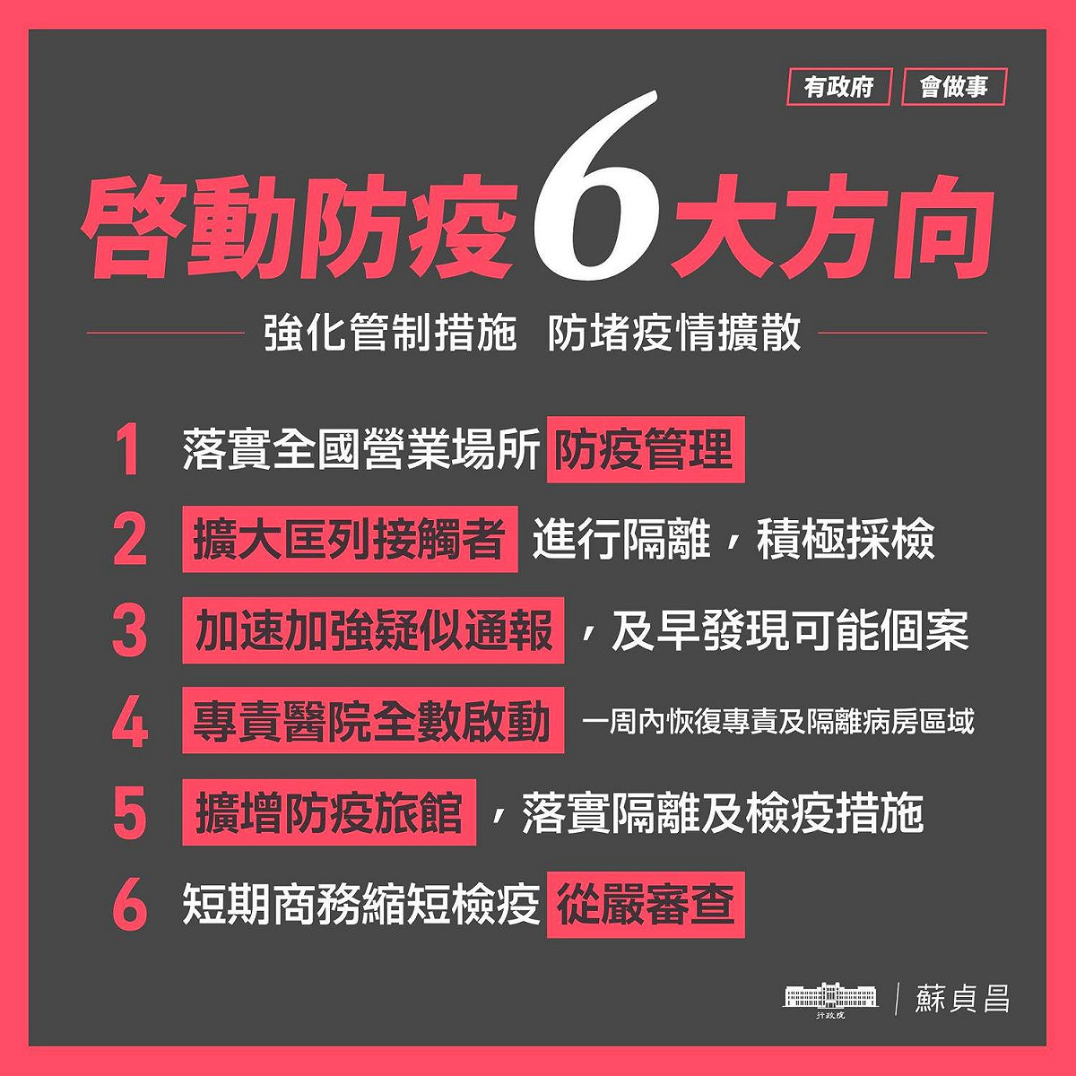啟動防疫六大方向。 圖：擷自蘇貞昌臉書