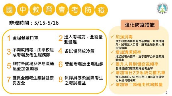 國中會考將在5/15-16舉辦，教育部公布8大防疫規定。 圖：擷取自行政院記者會直播
