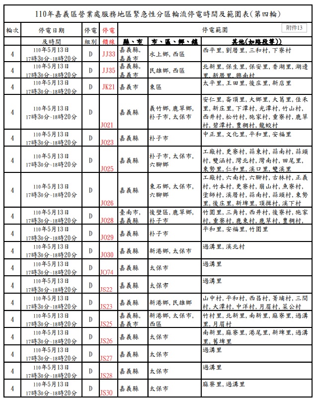 嘉義地區分區停電表(第四輪）。 圖：台電提供