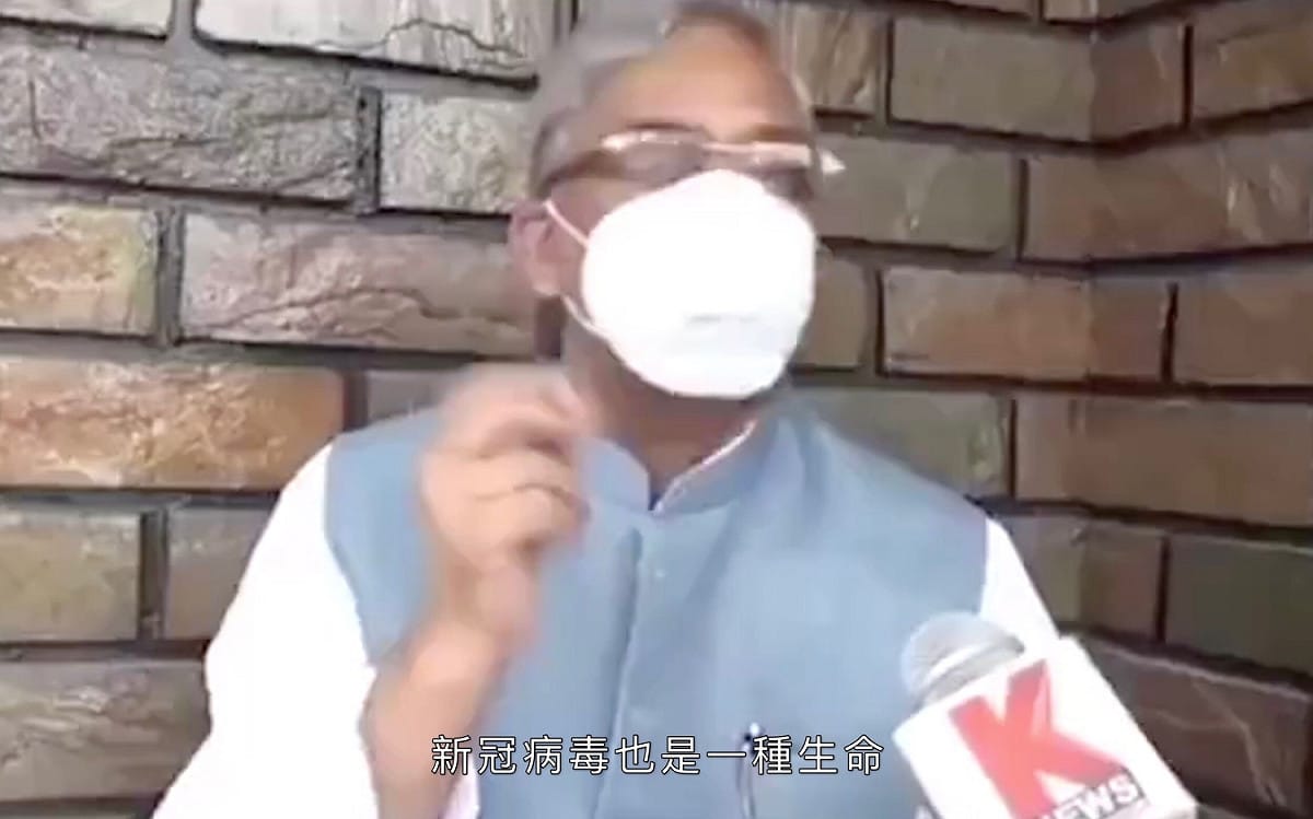 當地時間13日，印度人民黨前北阿坎德邦首席部長辛格・拉瓦特（Singh Rawat）受訪時稱「新冠病毒擁有生存權」。 圖：翻攝自環球