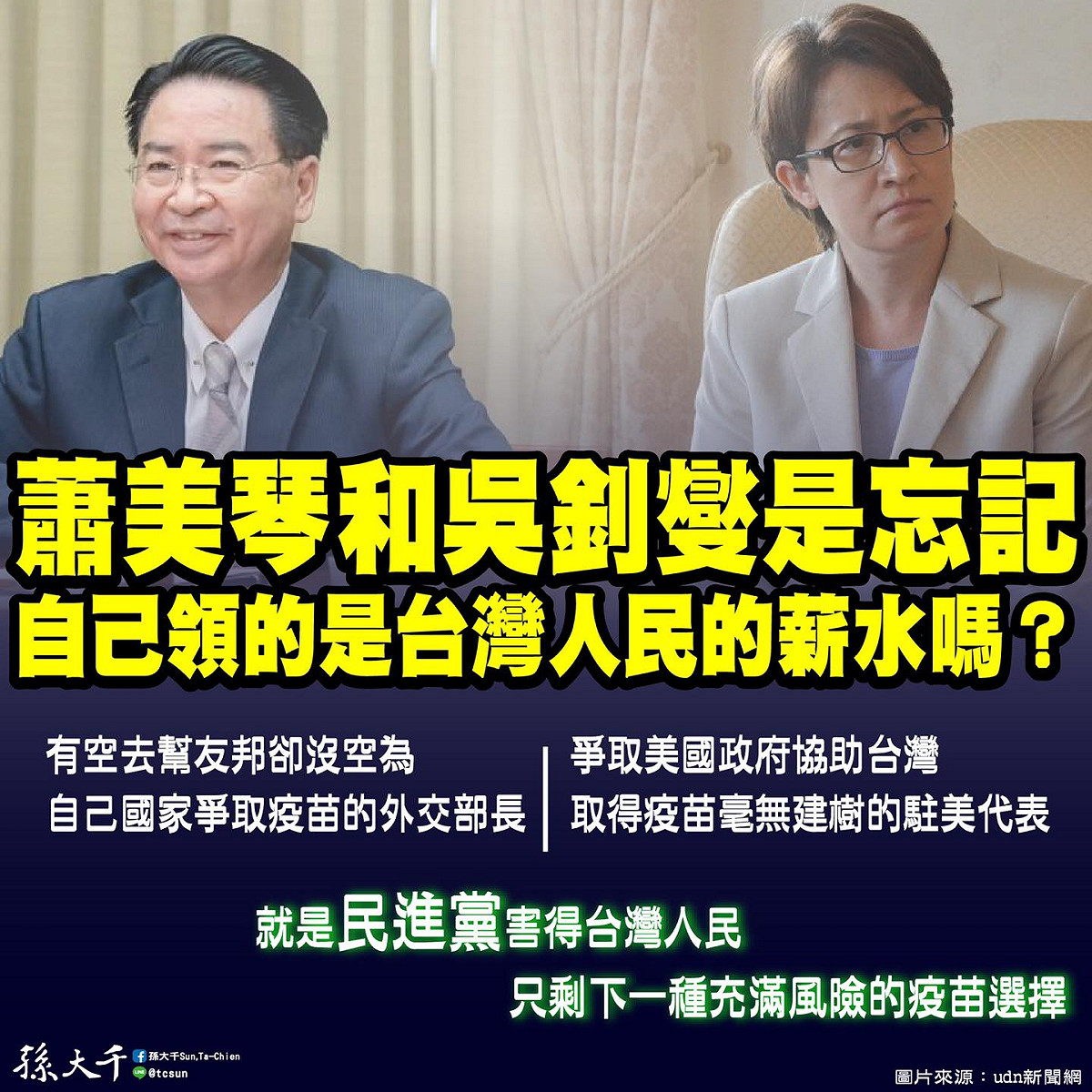 孫大千在臉書上po文痛斥：「蕭美琴和吳釗燮是忘記自己領的是台灣人民的薪水嗎？」 圖：擷自孫大千臉書