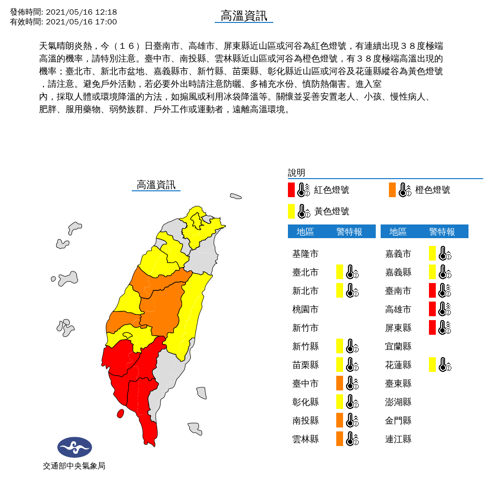 中央氣象局針對全台14縣市發布高溫燈號。 圖：中央氣象局／提供