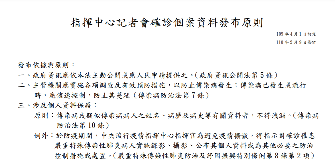 確診個案資料發布原則。 圖：指揮中心／提供