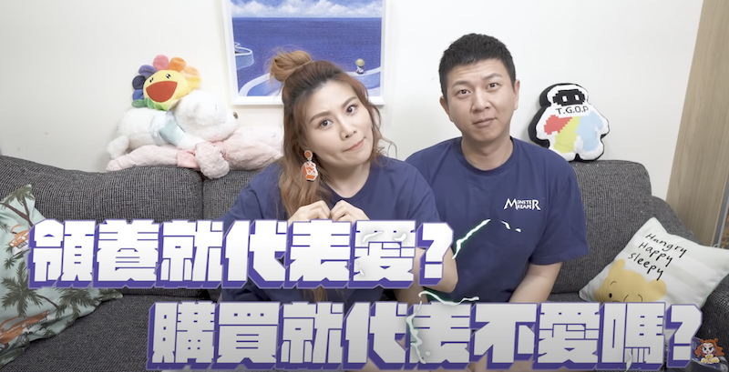 董仔(左)與男友海力(右)討論寵物領養。 圖：翻攝Youtube／董仔