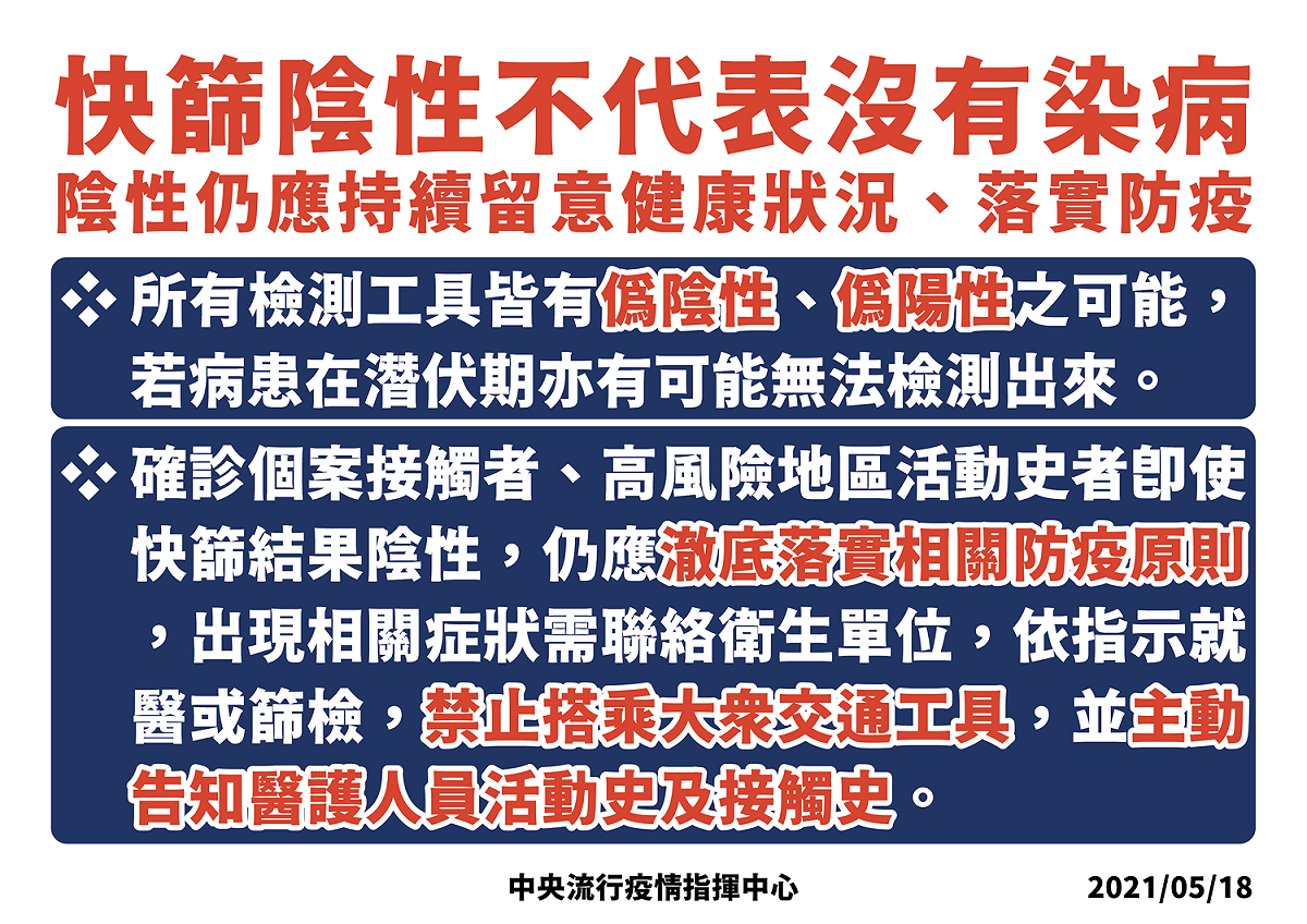 指揮官陳時中今在記者會上呼籲，快篩陰性不代表沒有染病 圖：中央流行疫情指揮中心/提供