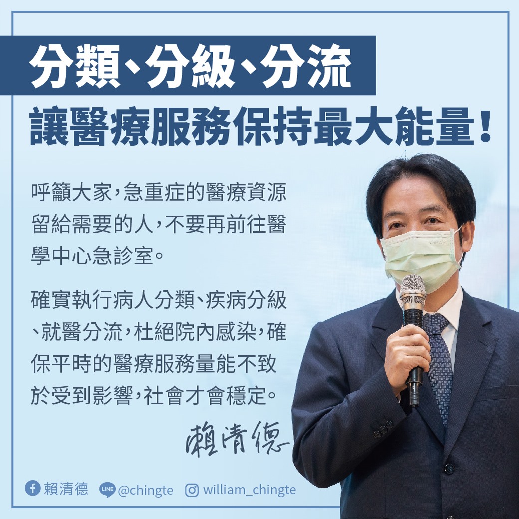 副總統賴清德呼籲分類、分級、分流，有疑慮去篩檢站篩檢，別去醫學中心急診室 圖：賴清德臉書