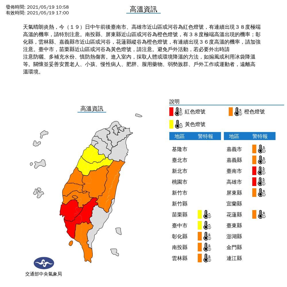 天氣炎熱，氣象局對11縣市發布高溫特報。 圖：中央氣象局／提供