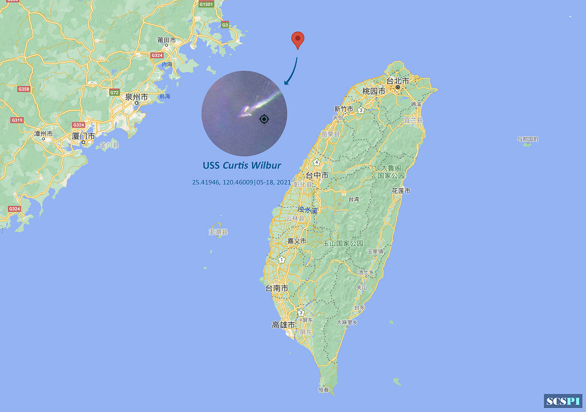 中國大陸「南海戰略態勢感知」平台PO出衛星照，表示掌握威爾伯艦航行動態。 圖：翻攝 SCS Probing Initiative推特