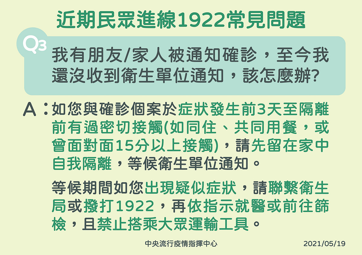 1922防疫專線常見問題。 圖：中央流行疫情指揮中心/提供