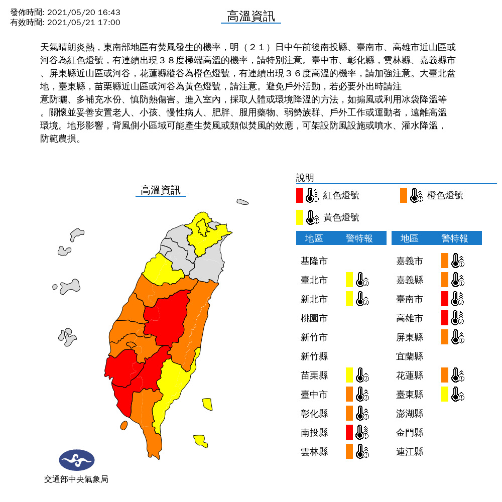 氣象局表示，明日還是有14縣市可能出現36度以上高溫。 圖：中央氣象局／提供