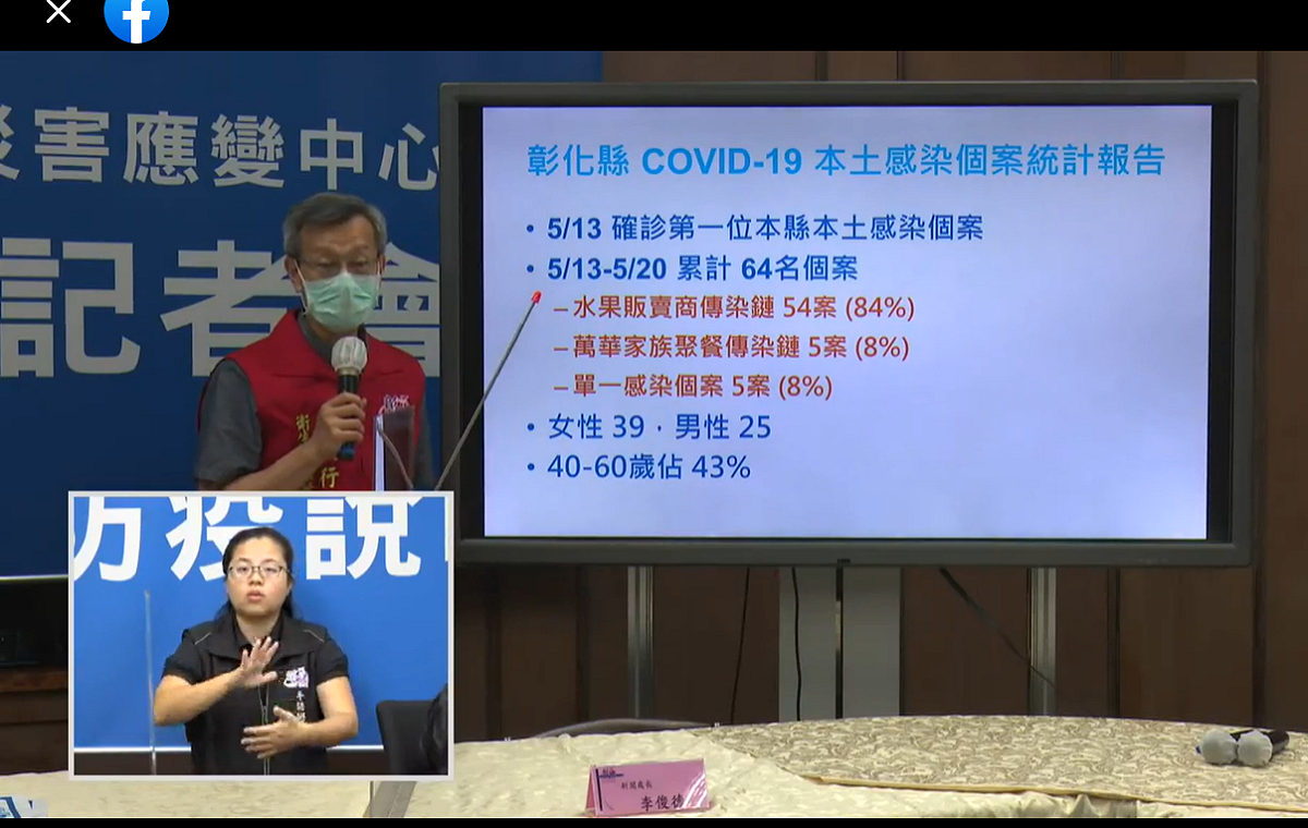 彰化今日新增6名確診個案，其中有一名僅10個月大的女嬰因被阿公阿嬤帶去歌唱班而確診。 圖：擷取自王惠美臉書直播