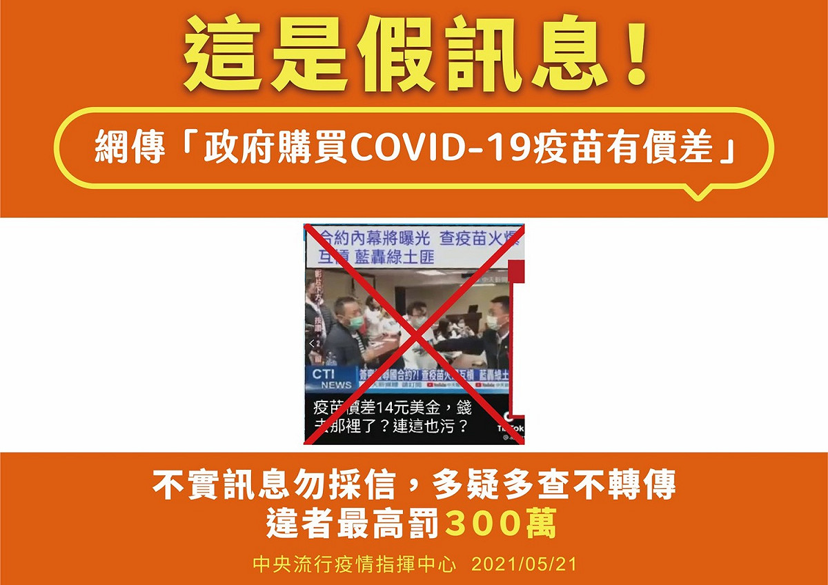 網傳「政府購買某廠牌COVID-19疫苗有價差」是假訊息。 圖：中央流行疫情指揮中心/提供