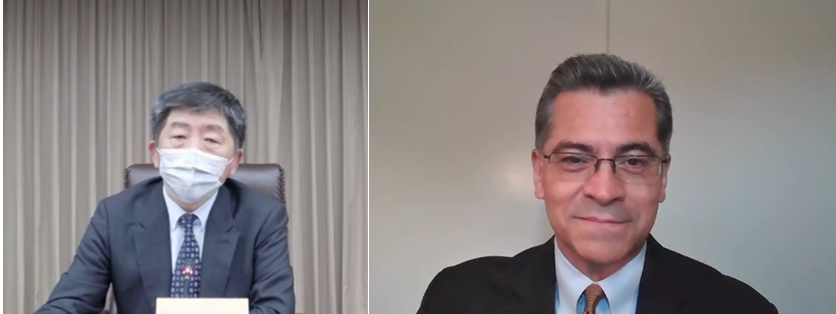 美國衛生部長貝塞拉（Xavier Becerra）與衛福部長陳時中進行視訊會議。 圖：翻攝自@HHS_Global推特