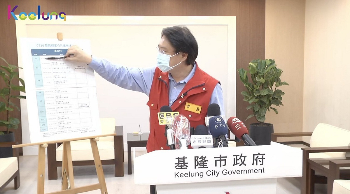 基隆市長林右昌在記者會中說明個案足跡。 圖：取自林右昌臉書（資料照）