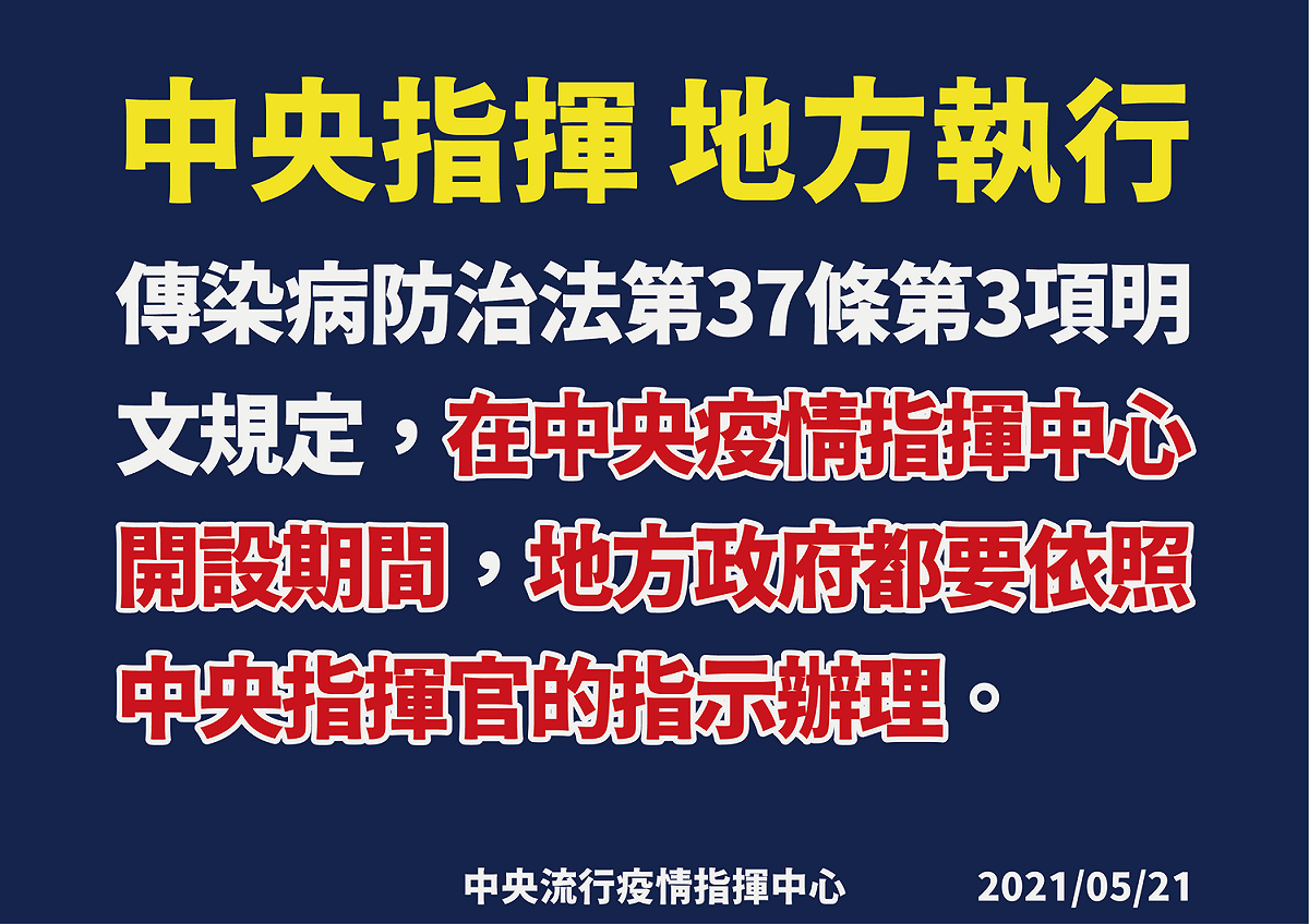依據傳染病防治法，地方政府應依照指揮中心指揮官指示執行。 圖：指揮中心／提供