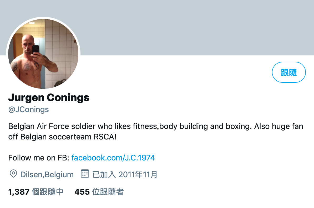 比利時1名46歲退伍軍人康寧斯（Jurgen Conings）日前透過社群平台，向1名防疫專家進行暴力威脅。 圖：擷取自Jurgen Conings推特