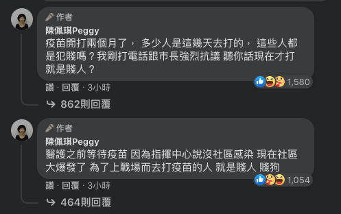陳佩琪提到，有人留言罵她賤，她在該文留言處回應：「疫苗開打兩個月了，多少人是這幾天去打的，這些人都是犯賤嗎？我剛打電話跟市長強烈抗議 聽你話現在才打就是賤人？」 圖：翻攝自陳佩琪Peggy臉書