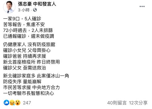 張志豪在臉書爆料，有民眾向他陳情，自己與小女兒都確診，卻在家遲遲等不到就醫通知。 圖：翻攝自張志豪臉書