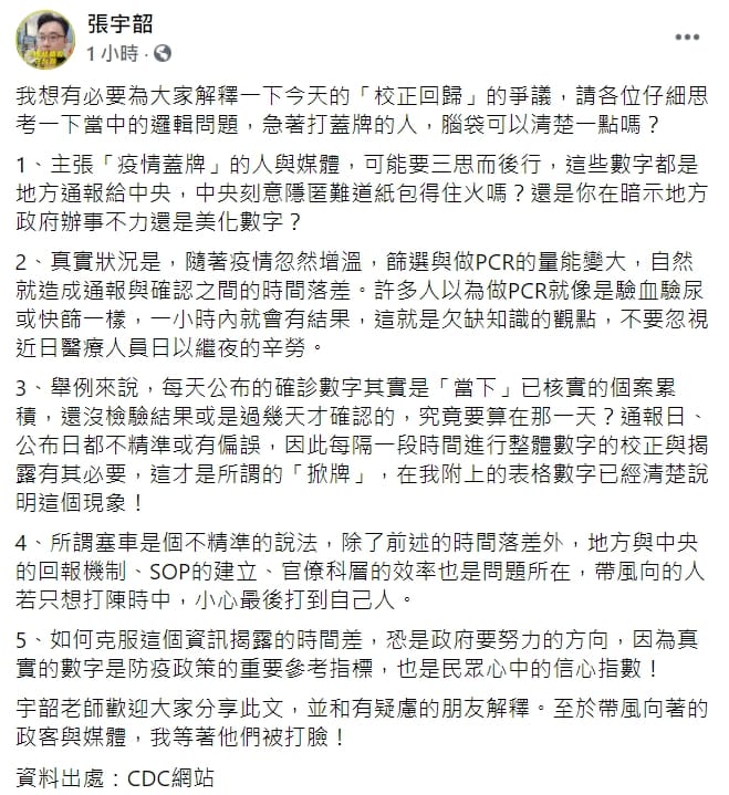 張宇韶在臉書指出「校正回歸」的意思。 圖 : 翻攝自張宇韶臉書