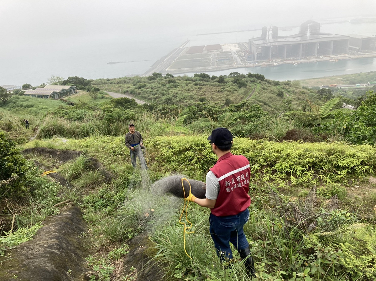 八里掩埋場發現的巨大鳥網，為防止野生動物遭受傷害，動保處人員立即拆除。 圖：新北市動保處提供