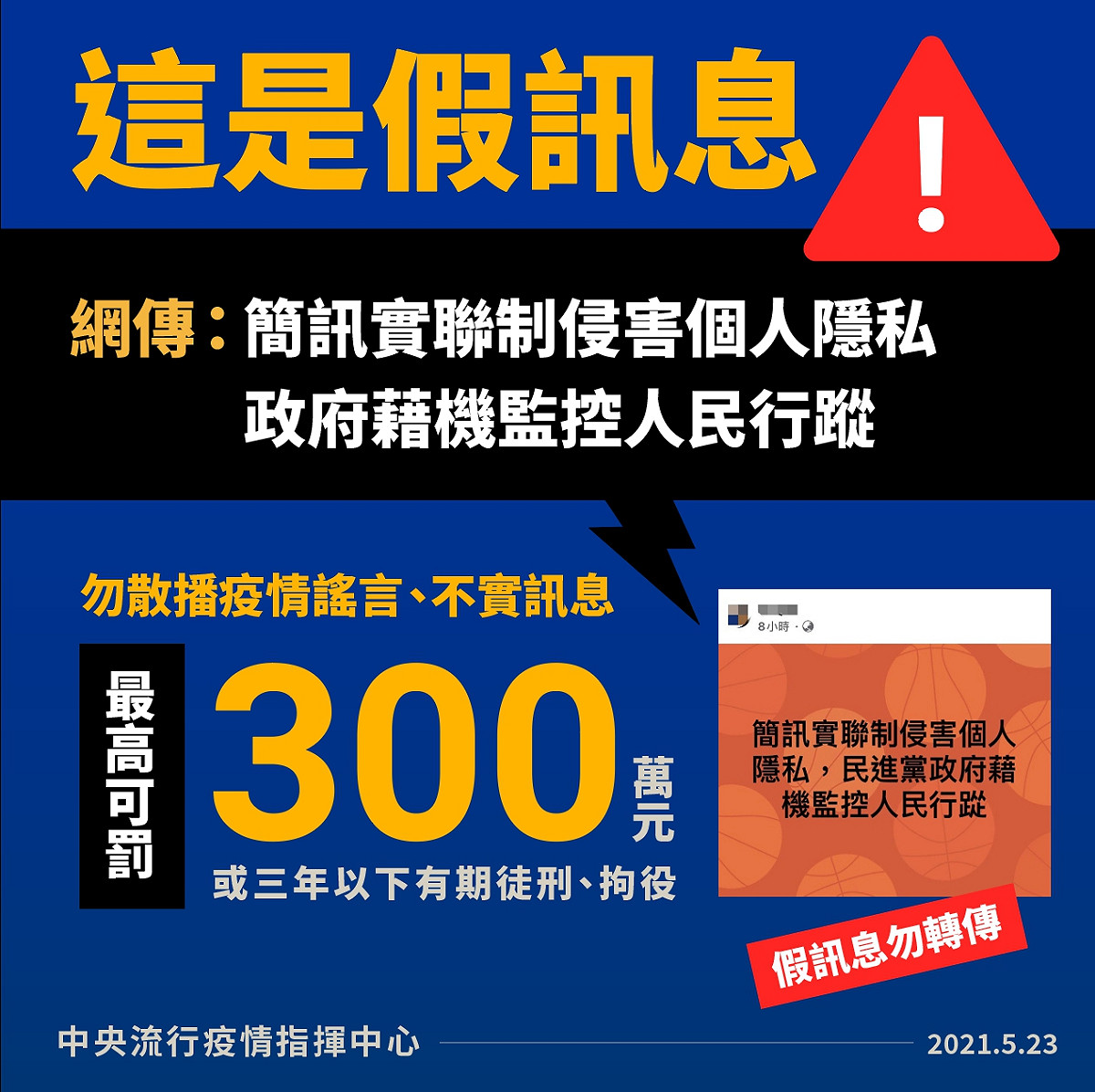 「簡訊實聯制侵害個人隱私，政府藉機監控人民行蹤」等，陳宗彥表示此為假訊息。 圖：中央流行疫情指揮中心/提供