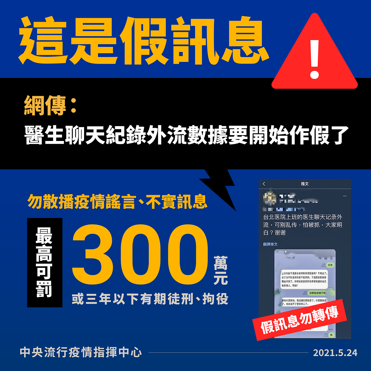 網傳「醫生聊天紀錄外流 數據要開始作假」是假訊息 圖：中央流行疫情指揮中心/提供