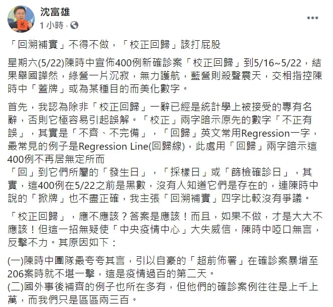 前民進黨立委沈富雄在臉書指出，「回溯補實」四字比較沒有爭議。 圖 : 翻攝自沈富雄臉書