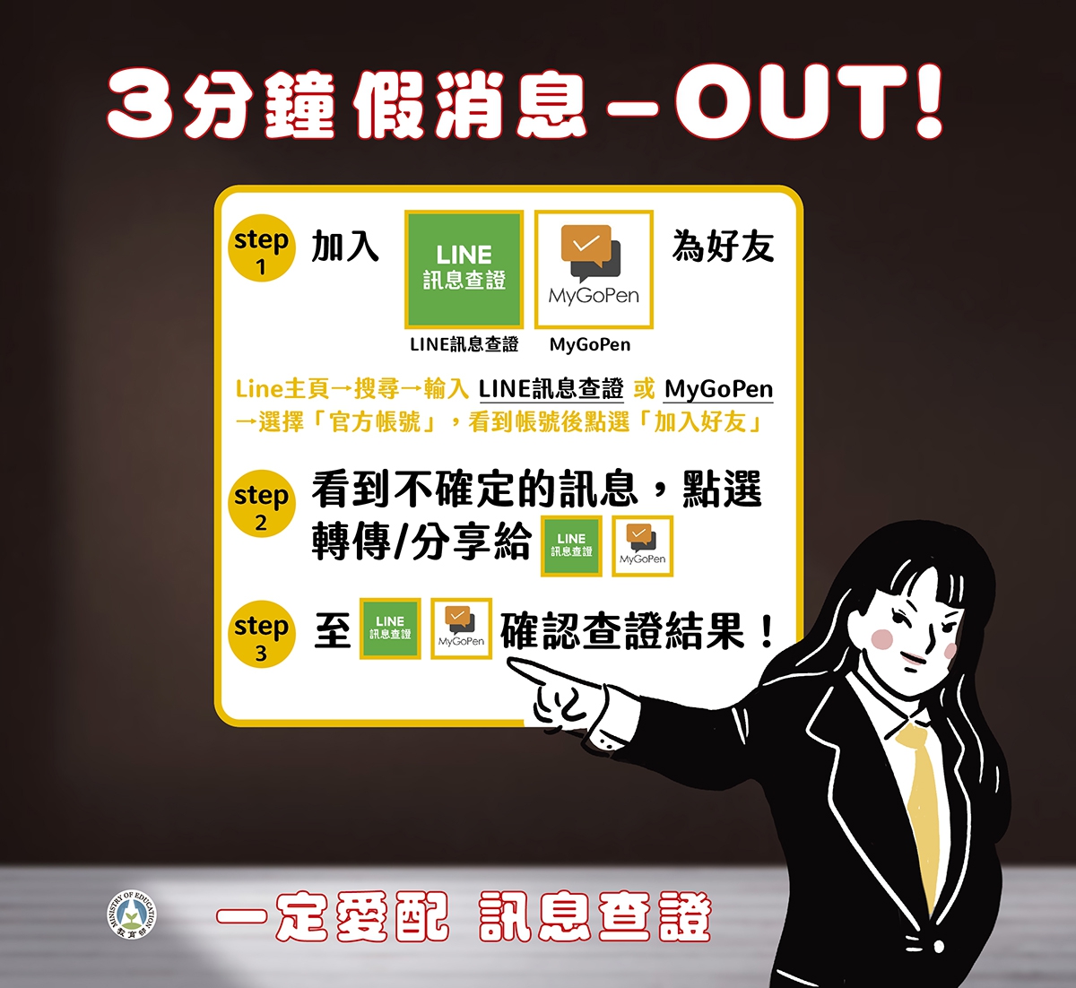 教育部說明在line查證假消息的方法。 圖：翻攝教育部臉書