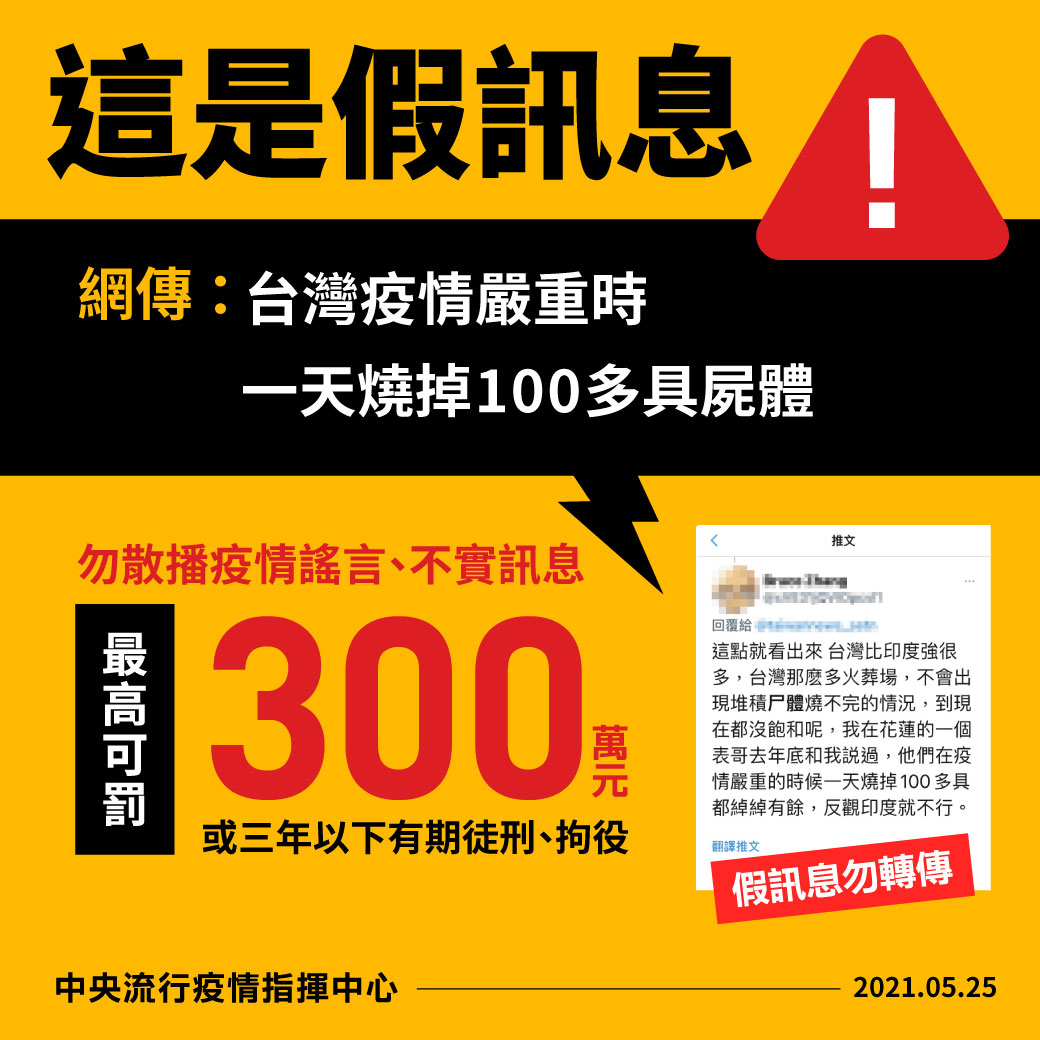 「台灣疫情嚴重時，一天燒掉100具屍體」此為假訊息。 圖：中央流行疫情指揮中心/提供