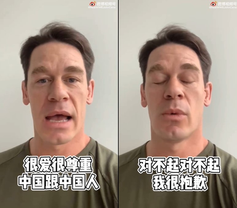 好萊塢男星約翰希南被小粉紅出征，火速拍影片道歉。 圖：翻攝自約翰希南微博