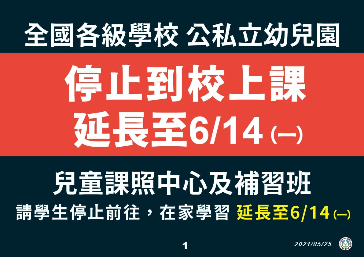 全國各級學校、公私立幼兒園、兒童課照中心及補習班，停止上課至6/14。 圖：指揮中心／提供