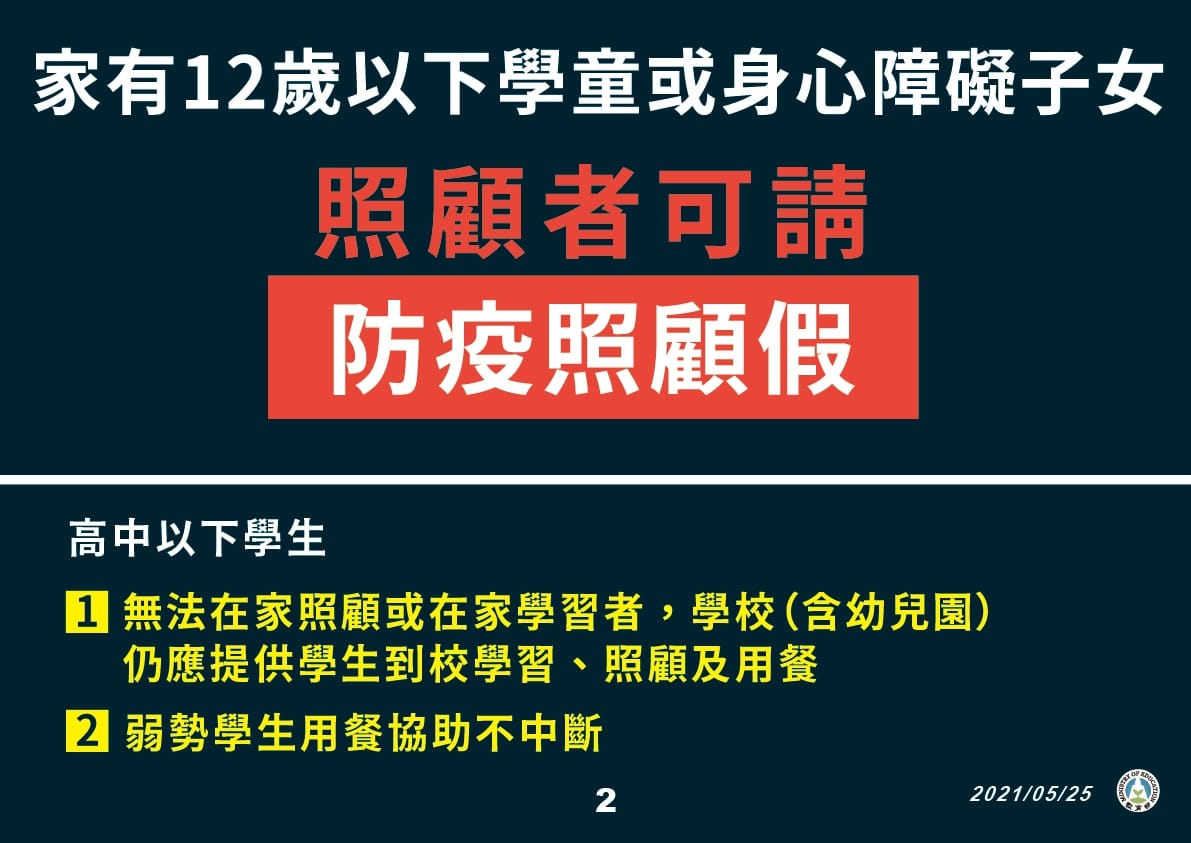 家有12歲以下學童或身心障礙子女，家長可請防疫照顧假。 圖：指揮中心／提供