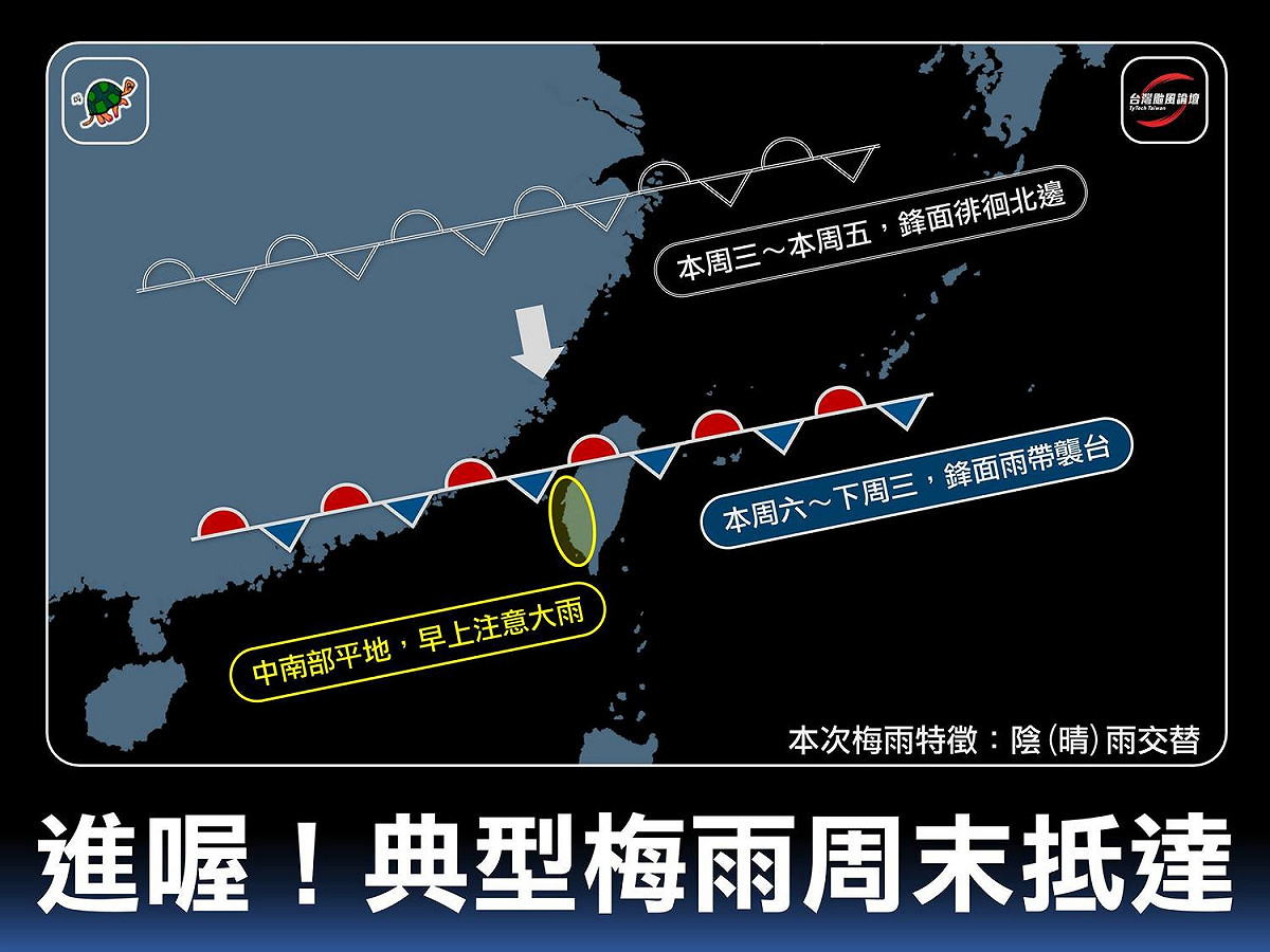 氣象粉專「台灣颱風論壇｜天氣特急」表示，梅雨鋒面將在週六靠近台灣。 圖：翻攝自臉書「台灣颱風論壇｜天氣特急」
