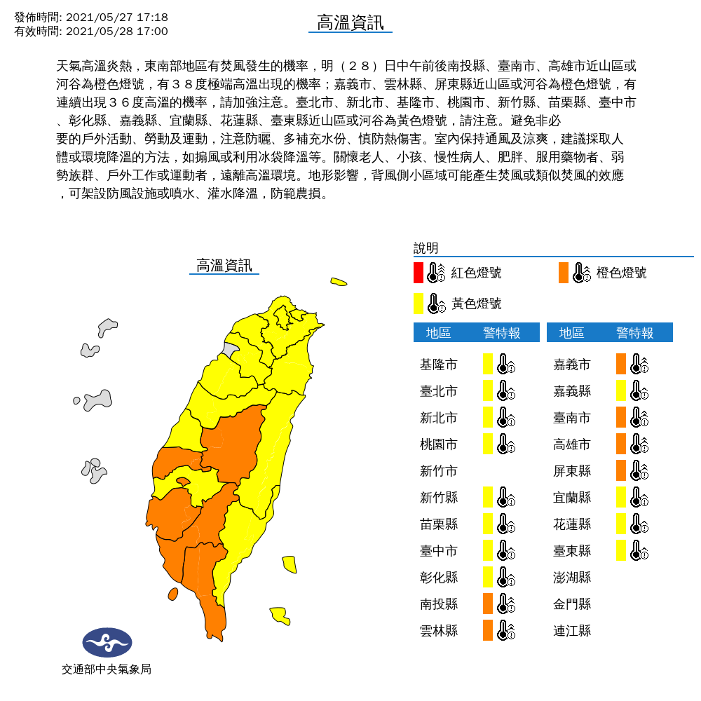 明日天氣依舊炎熱，氣象局持續對全台發布高溫警示。 圖：中央氣象局／提供