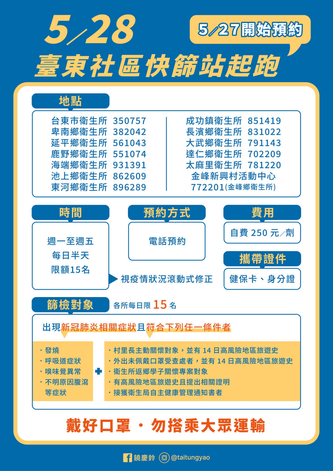 台東社區快篩站27日啟動、開放預約，28日起全縣13鄉鎮市衛生所將提供服務。 圖：取自饒慶鈴臉書