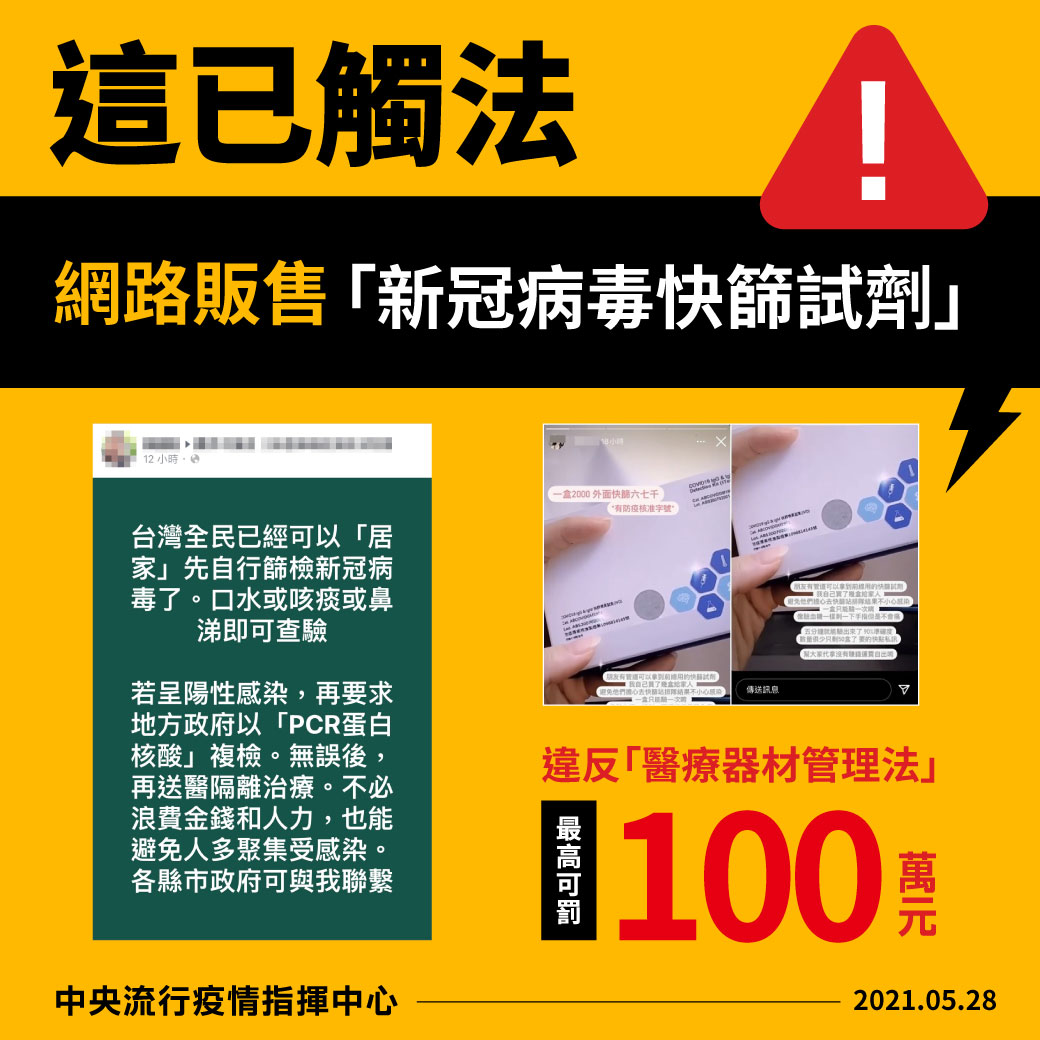 新冠病毒檢驗試劑為第三級醫療器材，網路上販售「新冠病毒快篩試劑」實屬違「醫療器材管理法」。 圖：中央流行疫情指揮中心/提供