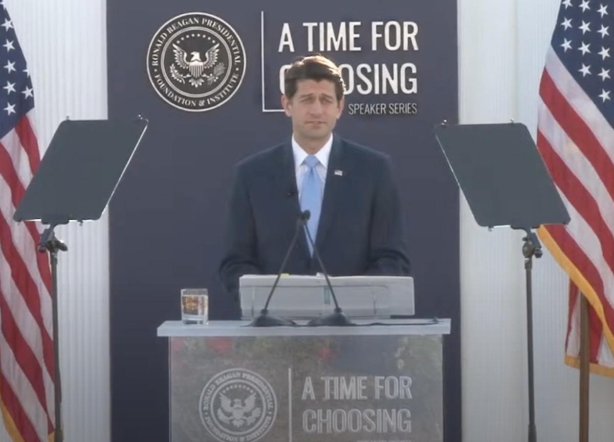 美國共和黨籍前眾院議長保羅・萊恩（Paul Ryan）27日於加州西米谷的隆納・雷根（Ronald Reagan）總統紀念圖書館演講。 圖：翻攝自雷根基金會youtube